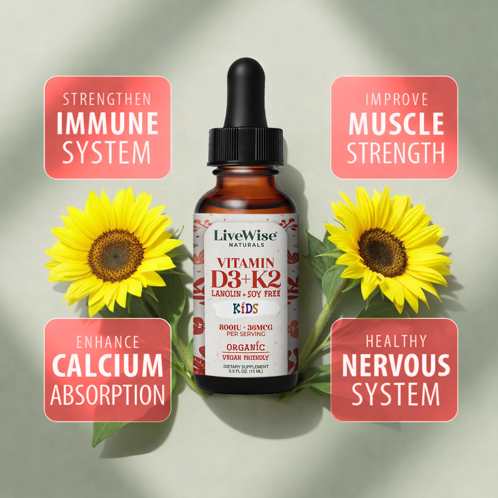 Live Wise Naturals Kids Vitamin D3 K2 Liquid Drops 800 IU ingredients list