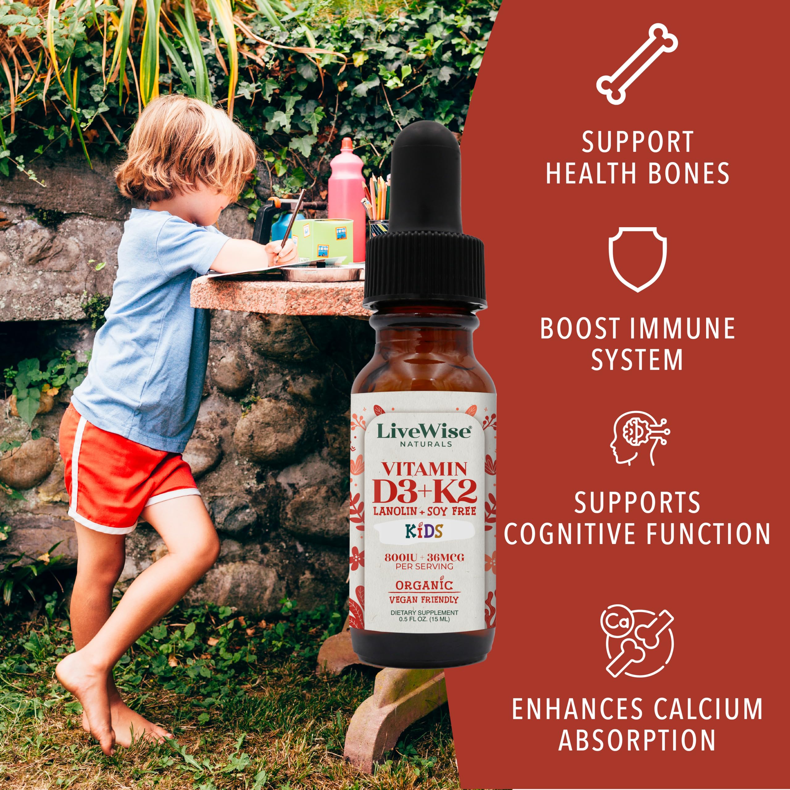 Live Wise Naturals Kids Vitamin D3 K2 Liquid Drops 800 IU packaging