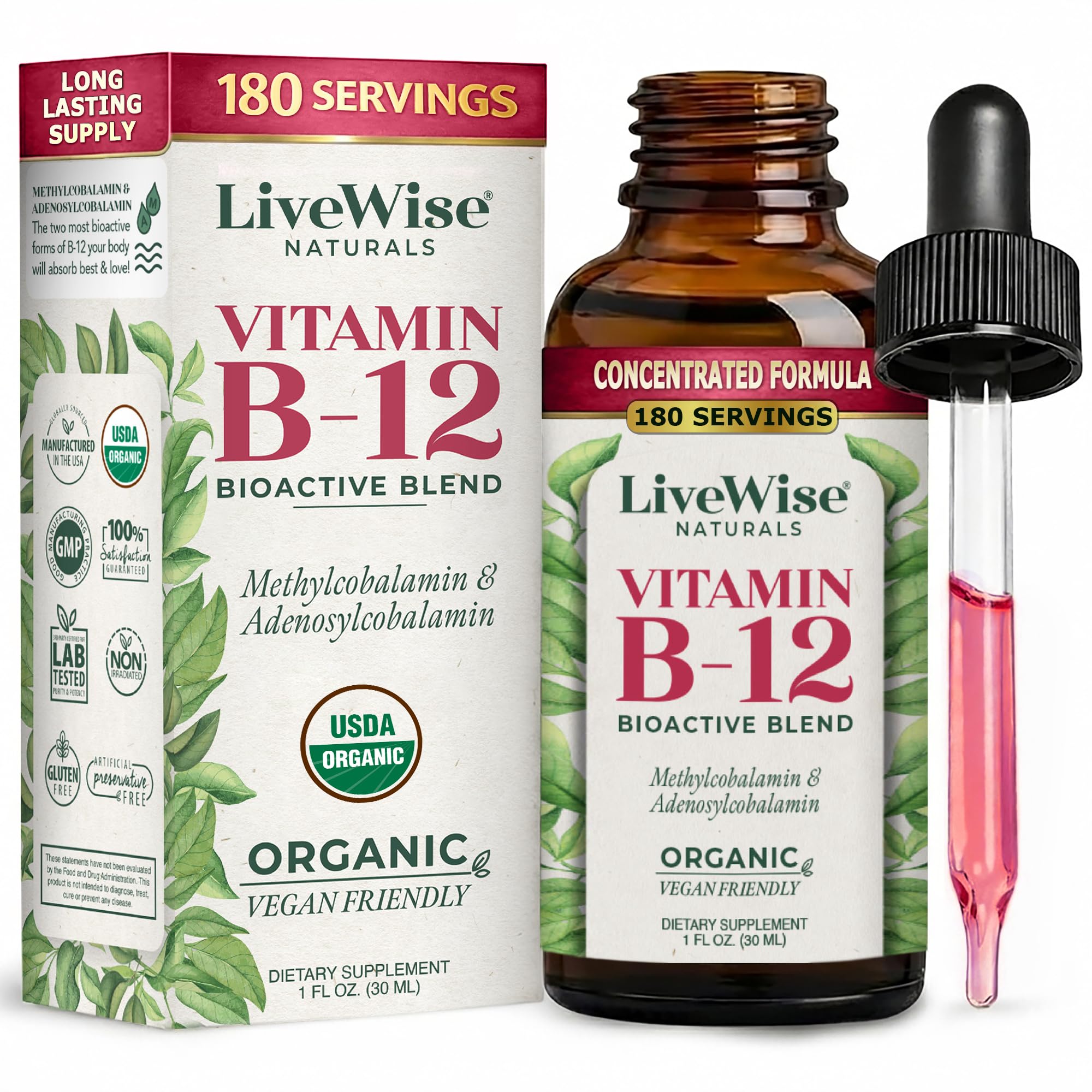 Live Wise Naturals Vitamin B12 Liquid Drops 1000 mcg front view