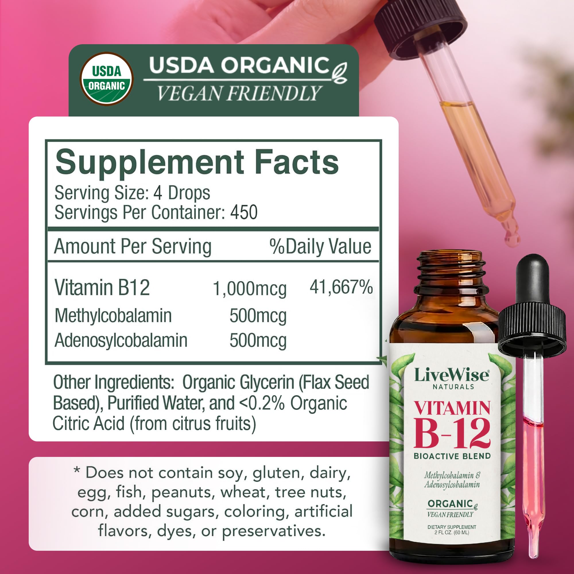 Live Wise Naturals Vitamin B12 Liquid Drops 2 oz bottle with dropper