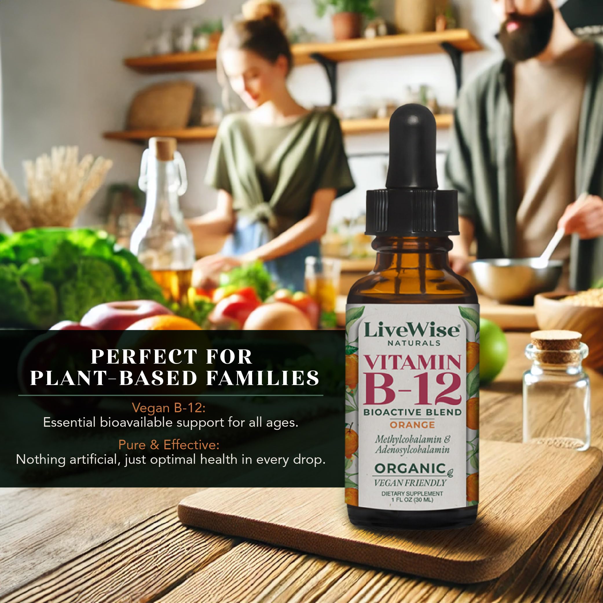 Live Wise Naturals Vitamin B12 Liquid Drops on a wooden table