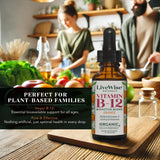 Live Wise Naturals Vitamin B12 Liquid Drops on a wooden table