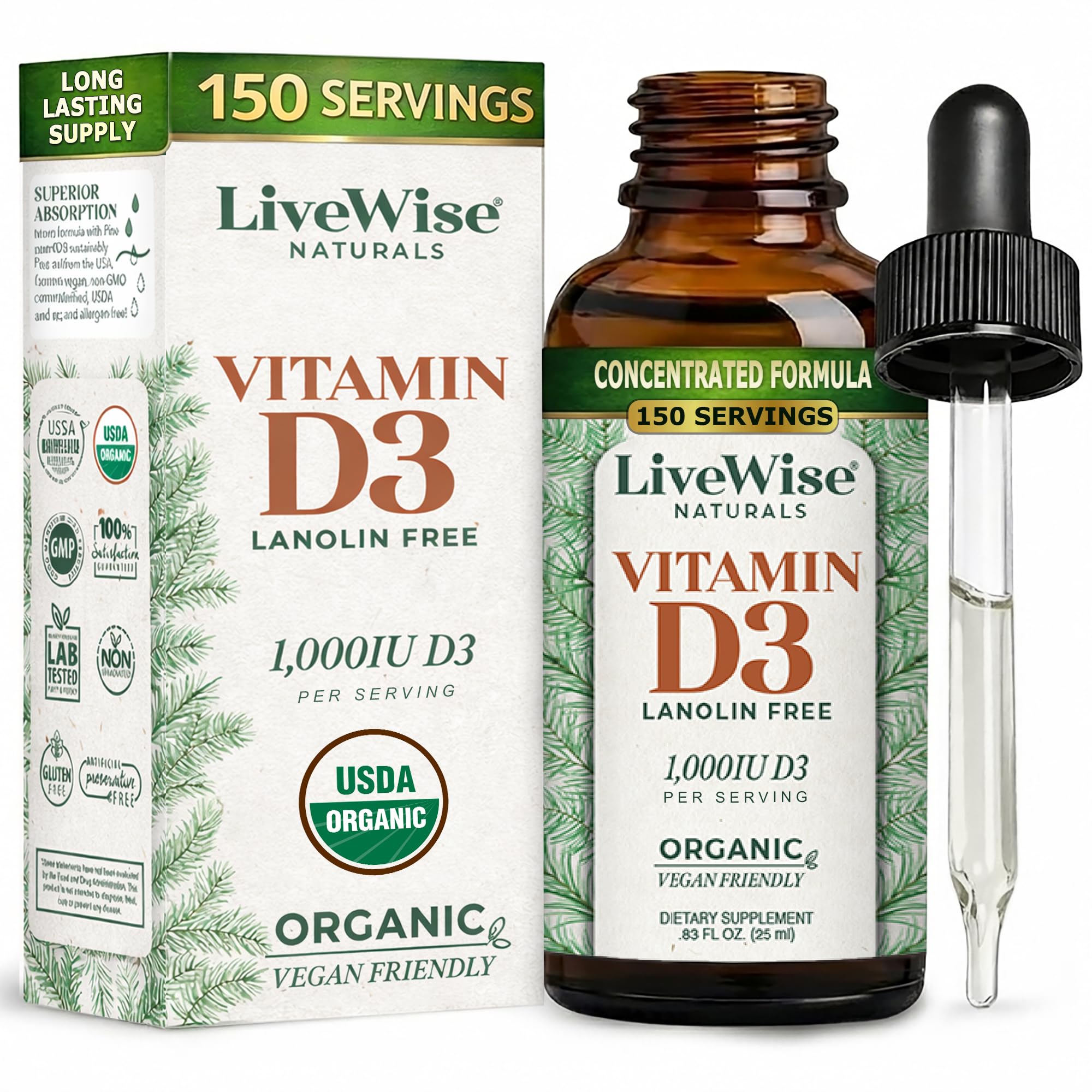 Live Wise Naturals Vitamin D3 Drops 1000 IU amber glass bottle front view