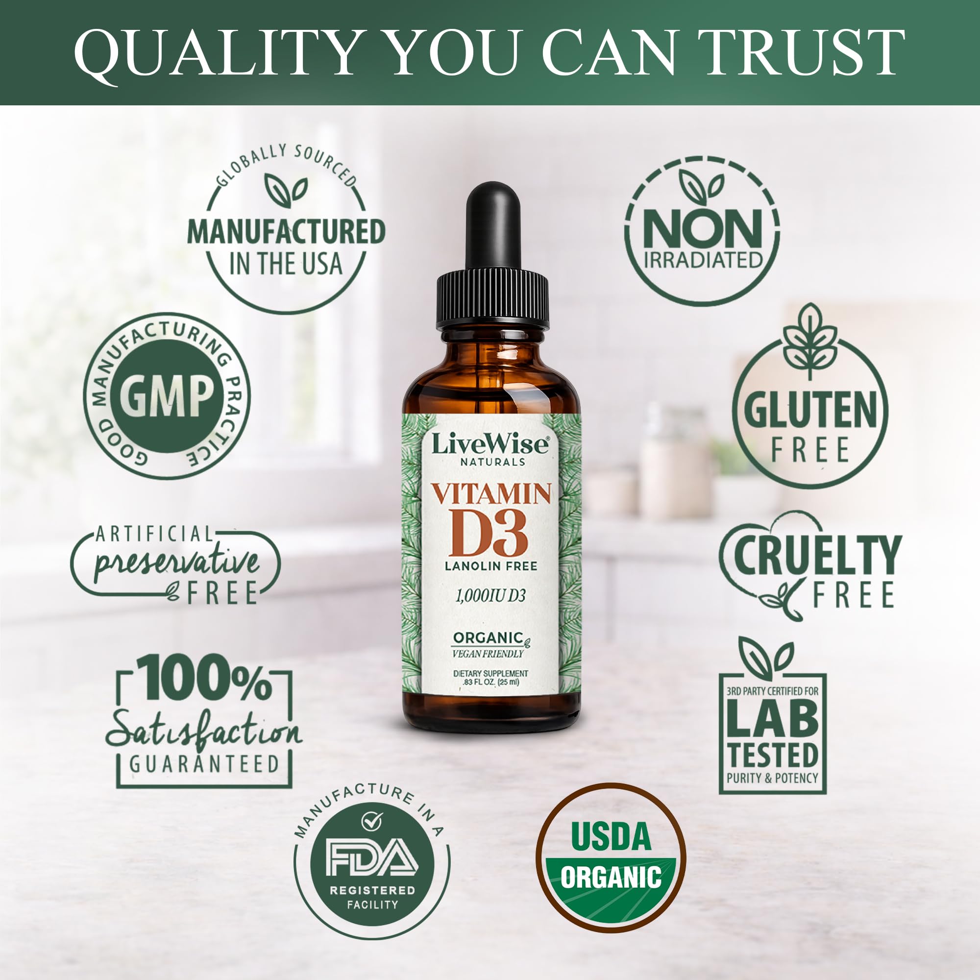 Live Wise Naturals Vitamin D3 Drops 1000 IU bottle with food