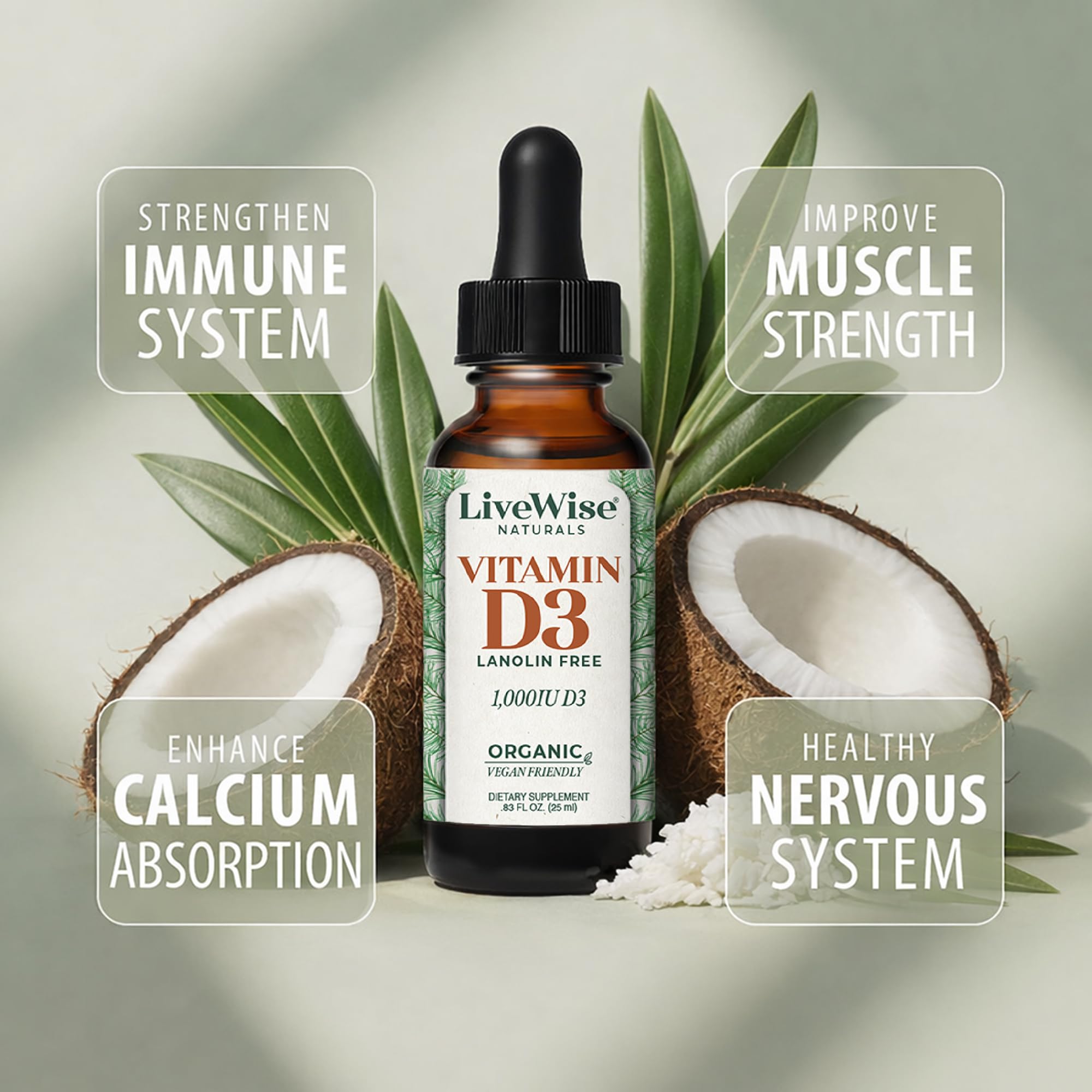 Live Wise Naturals Vitamin D3 Drops 1000 IU bottle with measuring dropper