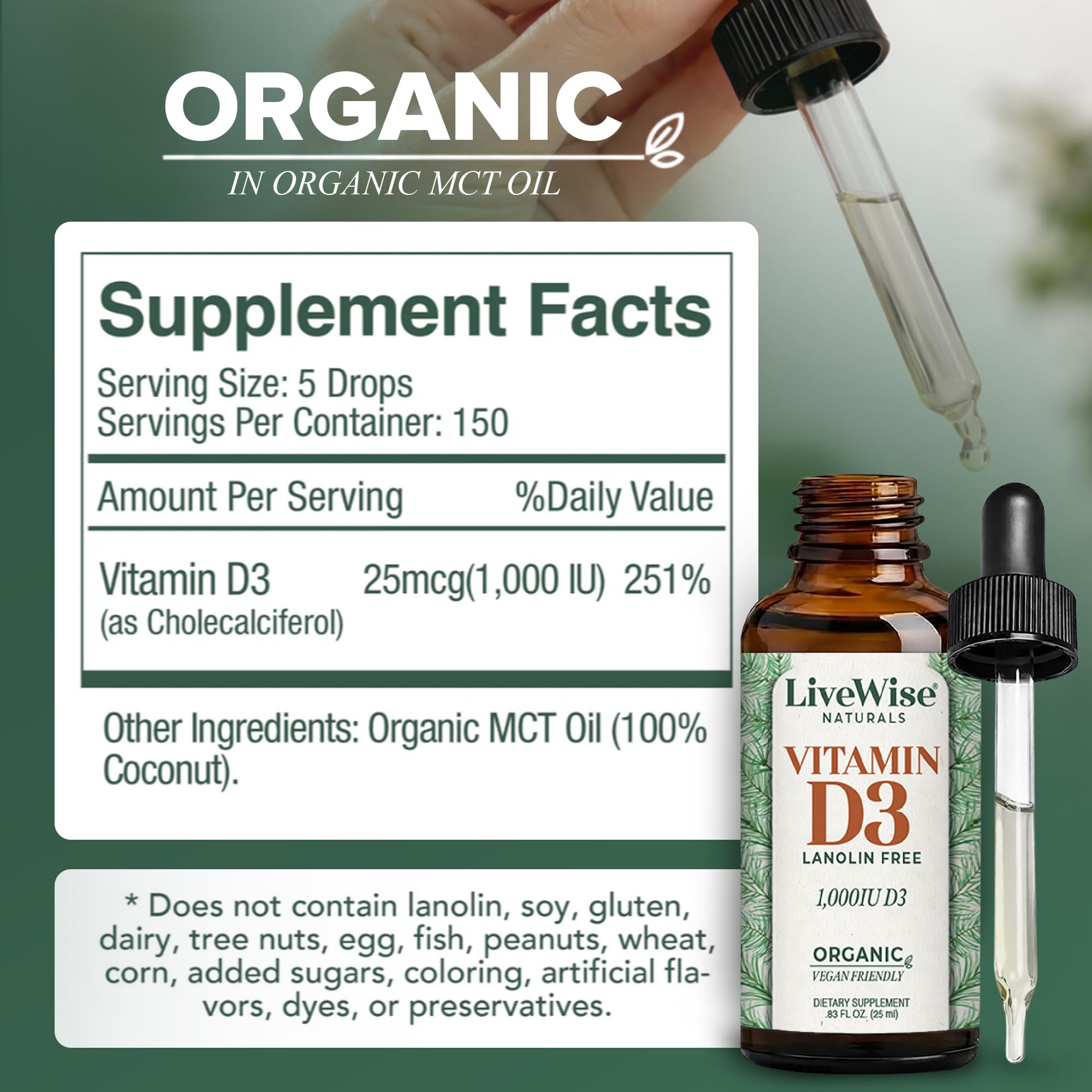 Live Wise Naturals Vitamin D3 Drops 1000 IU dropper close-up
