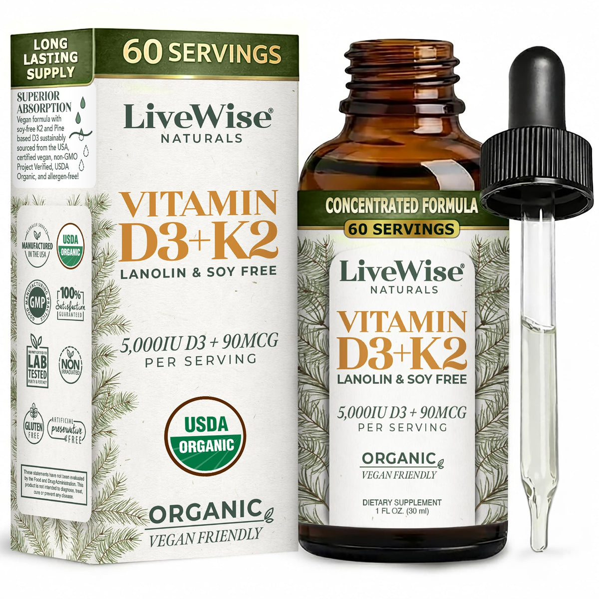 Live Wise Naturals Vitamin D3 K2 Drops 5000 IU amber glass bottle front view