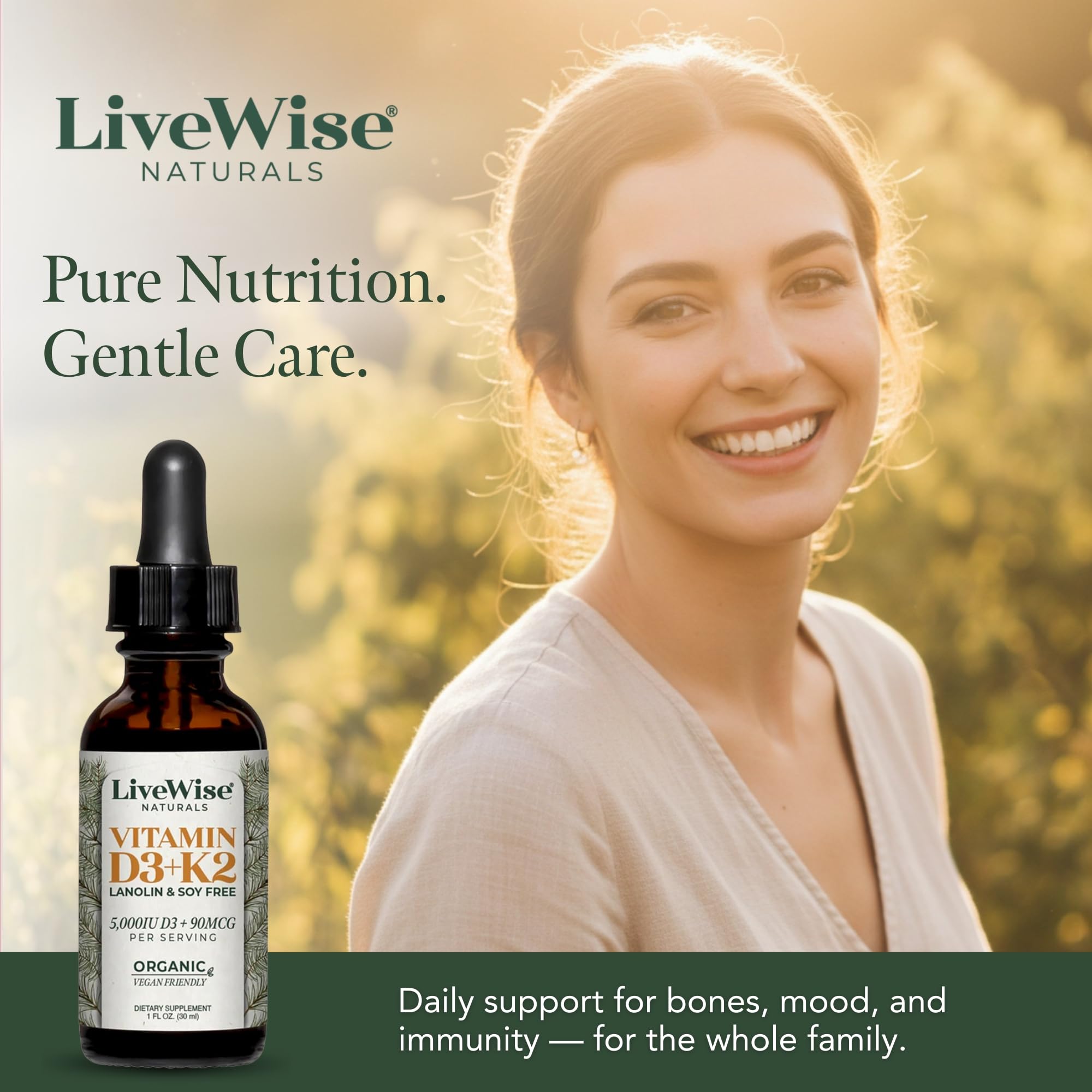 Live Wise Naturals Vitamin D3 K2 Drops 5000 IU bottle on a wooden table