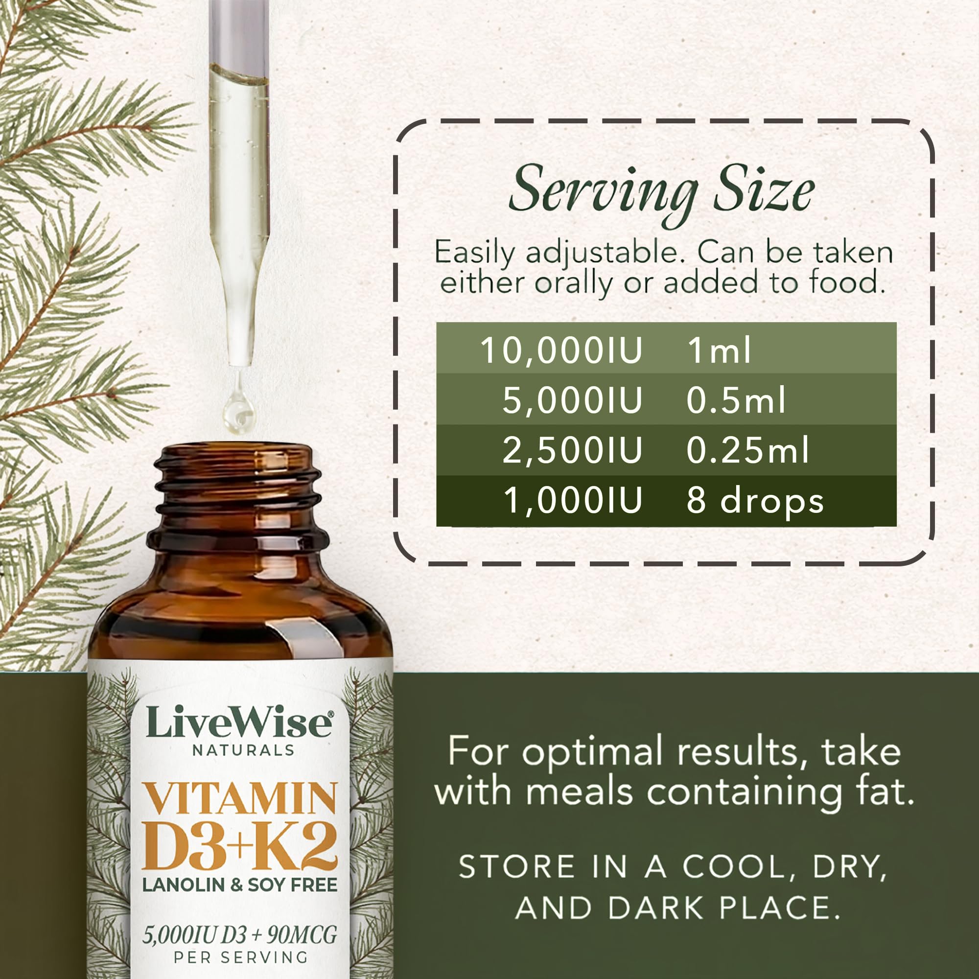 Live Wise Naturals Vitamin D3 K2 Drops 5000 IU bottle side view