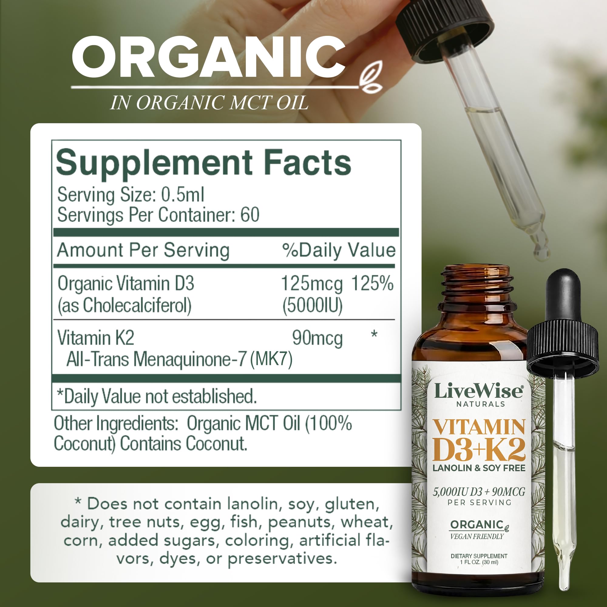 Live Wise Naturals Vitamin D3 K2 Drops 5000 IU dropper with liquid