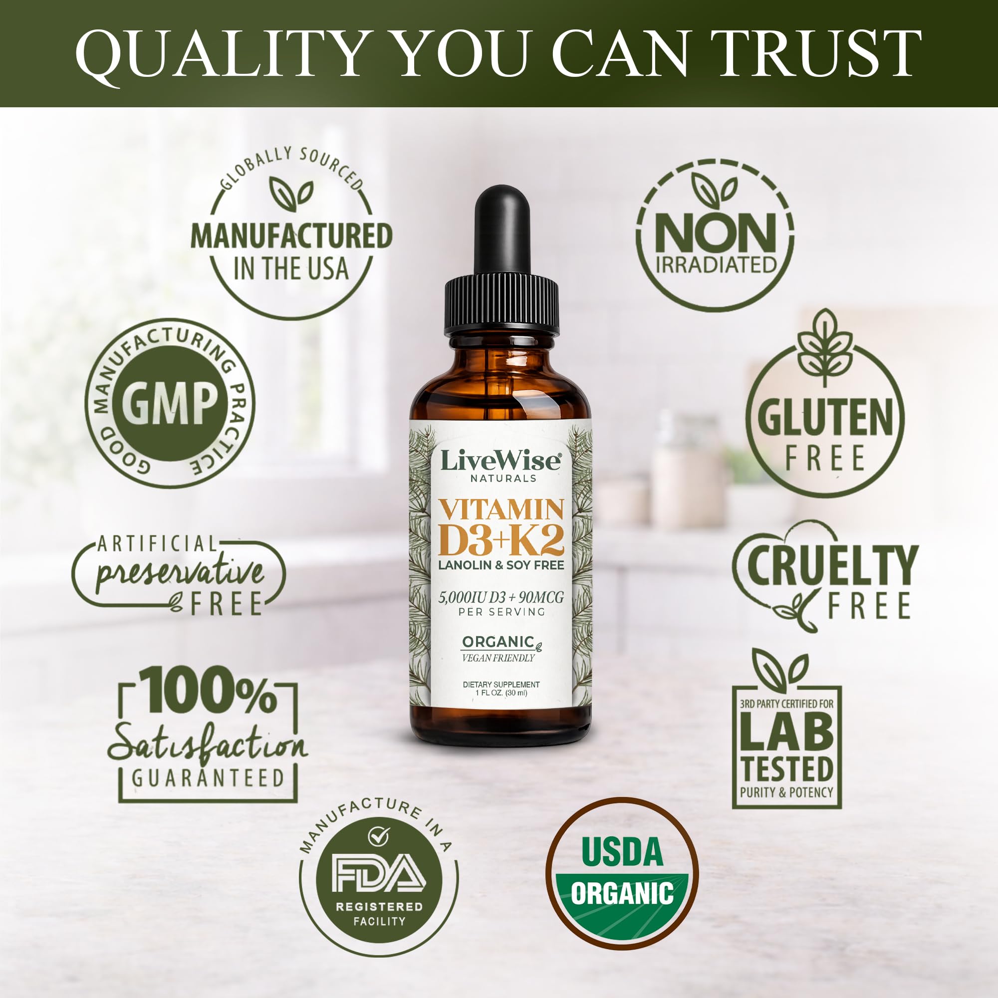 Live Wise Naturals Vitamin D3 K2 Drops 5000 IU with fresh coconut