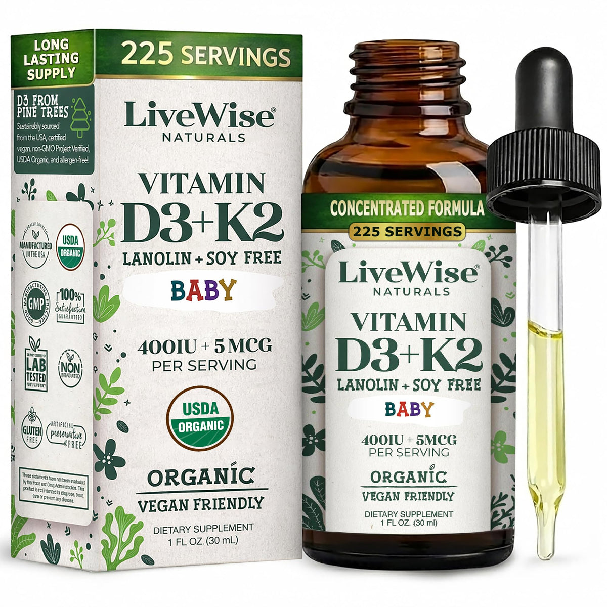 Live Wise Naturals Vitamin D3 K2 Drops for Infants 400 IU front view