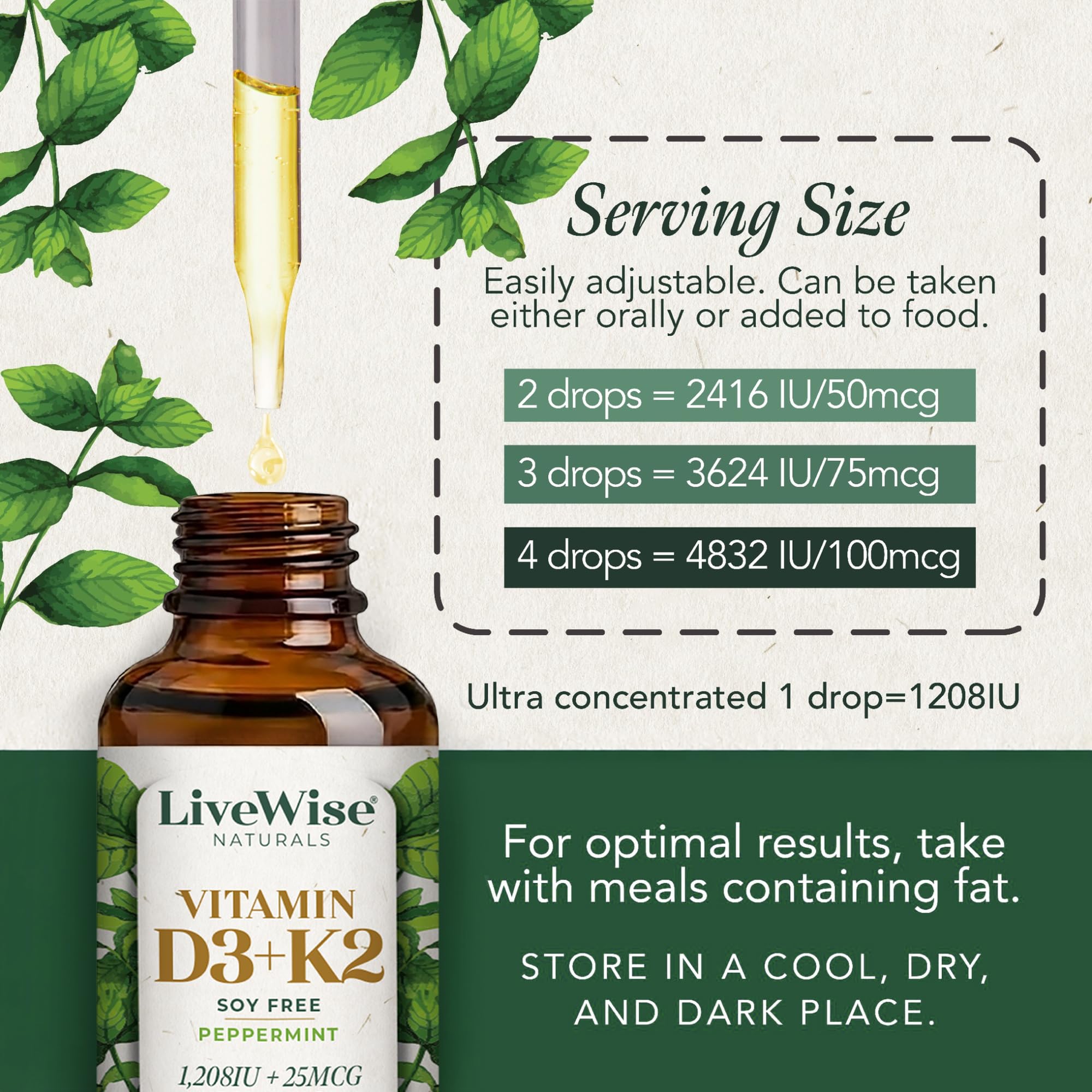Live Wise Naturals Vitamin D3 K2 liquid drops alongside organic ingredients