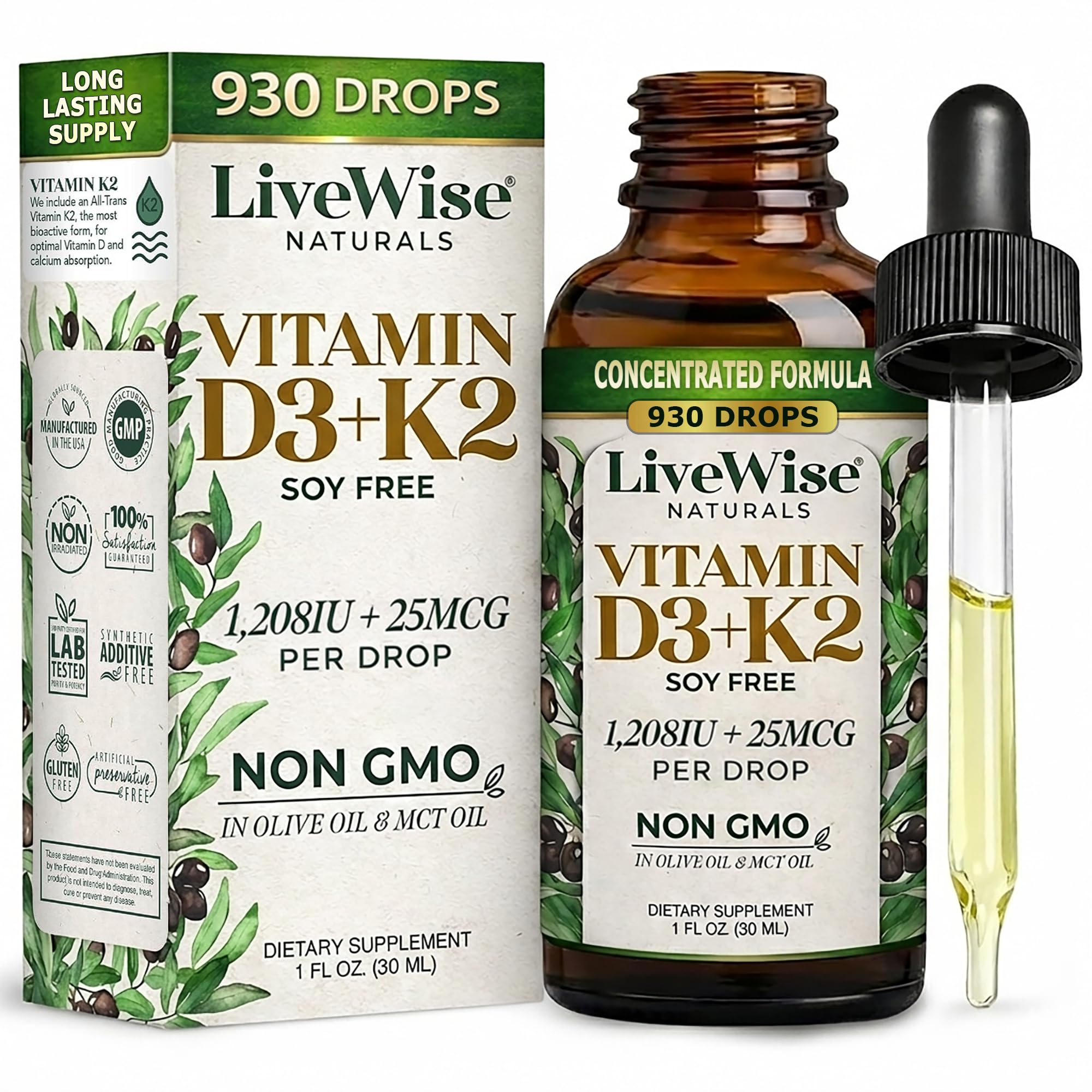 Live Wise Naturals Vitamin D3 K2 Liquid Drops amber glass bottle front view
