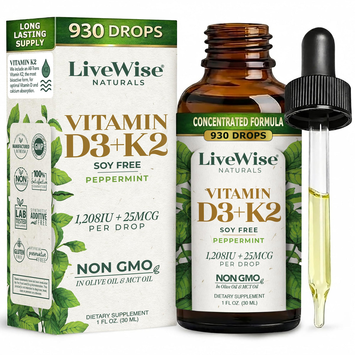 Live Wise Naturals Vitamin D3 K2 liquid drops front view with amber glass bottle