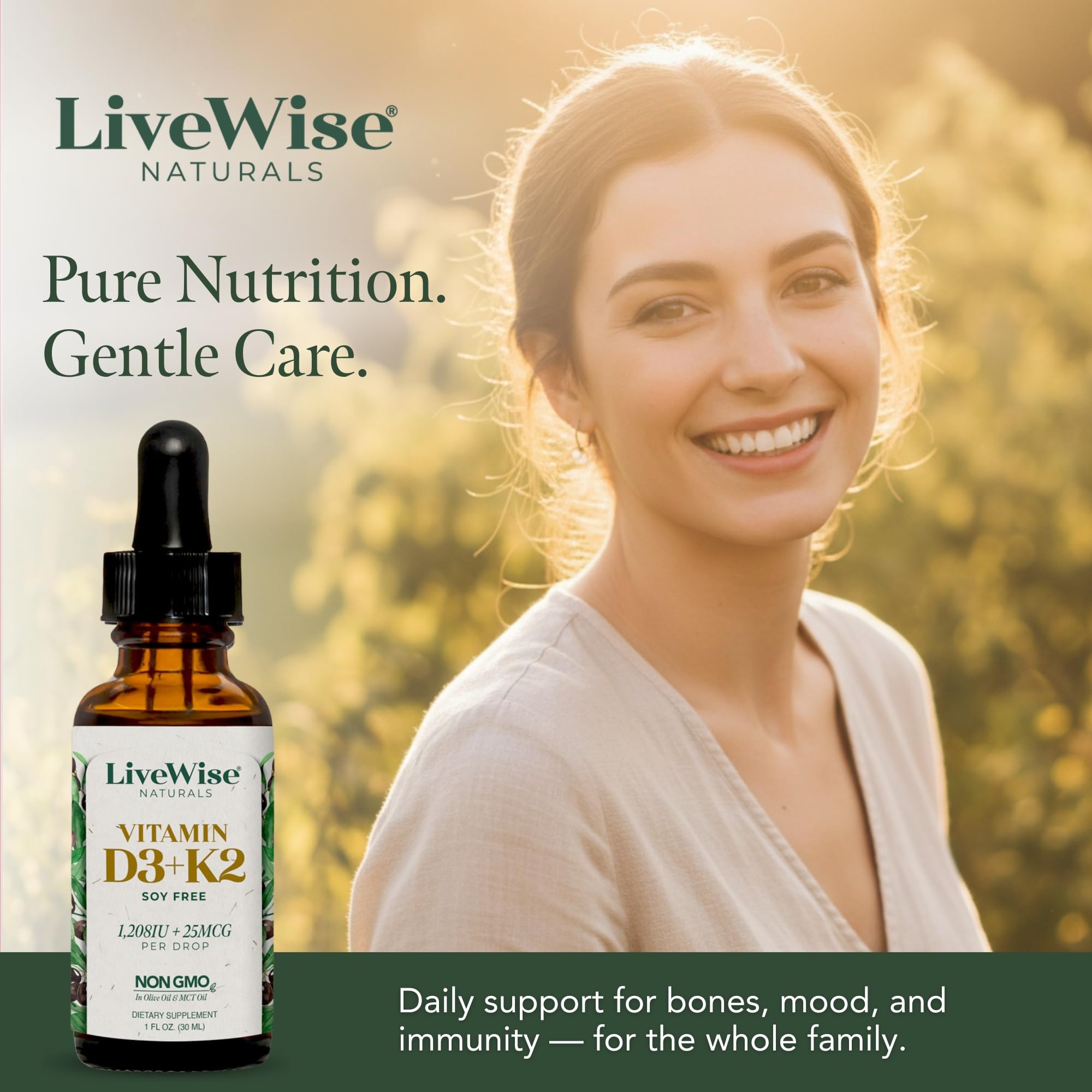 Live Wise Naturals Vitamin D3 K2 Liquid Drops in a wellness setting