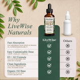Live Wise Naturals Vitamin D3 K2 Liquid Drops on a wooden table