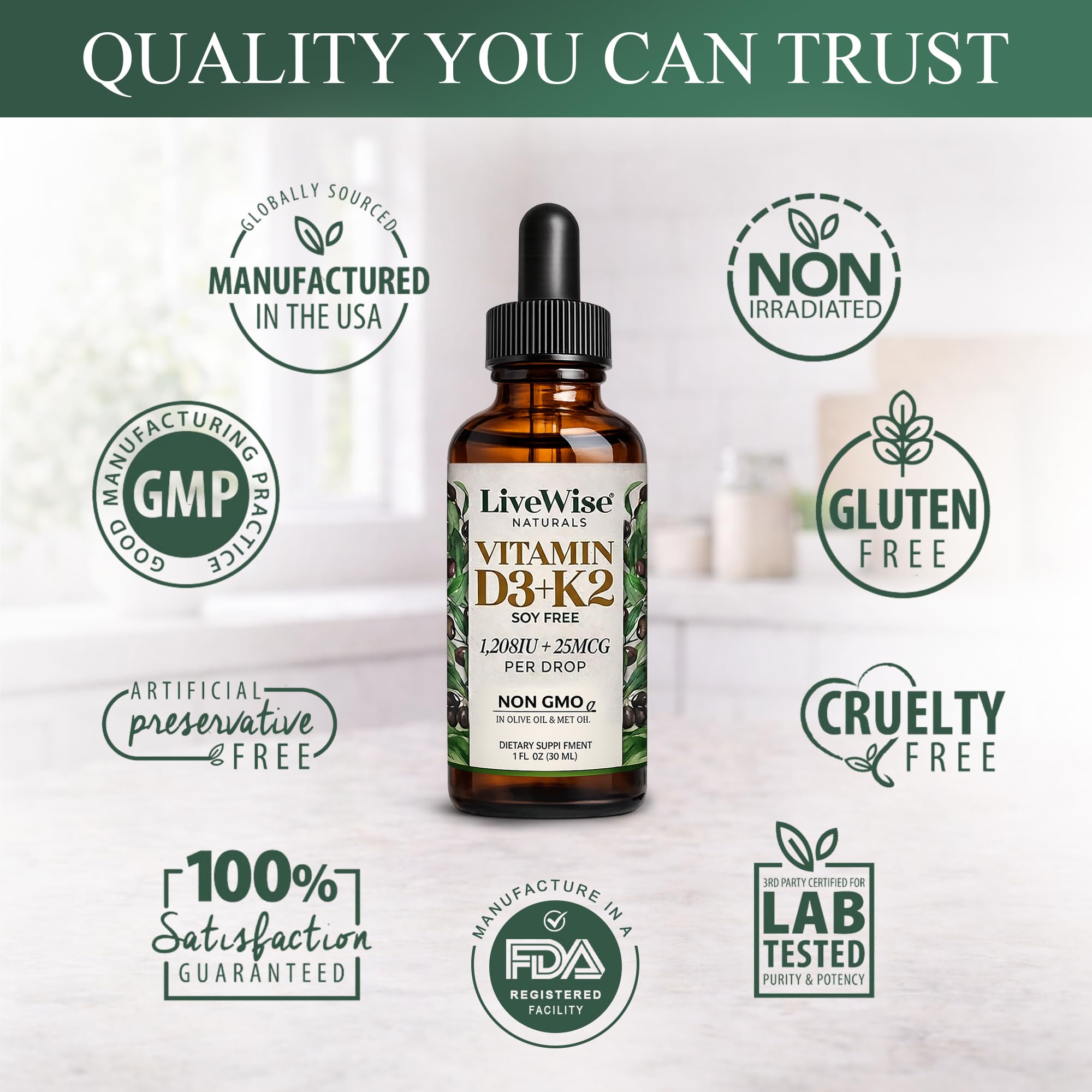 Live Wise Naturals Vitamin D3 K2 Liquid Drops with fresh ingredients