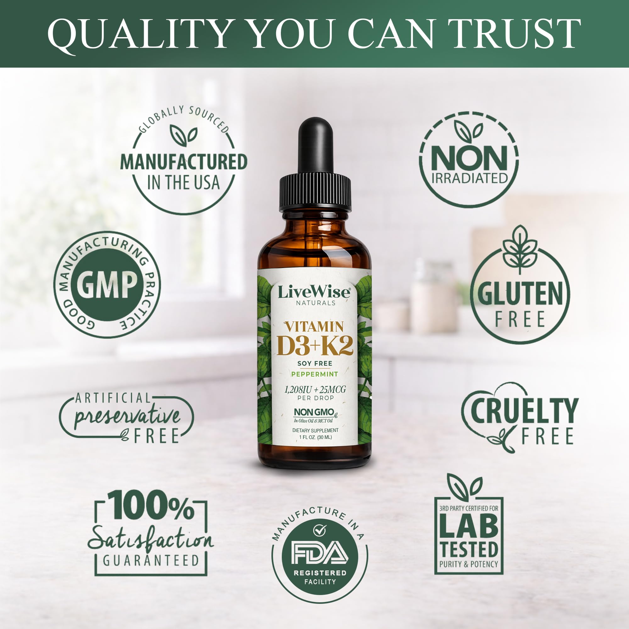 Live Wise Naturals Vitamin D3 K2 liquid drops with fresh peppermint leaves