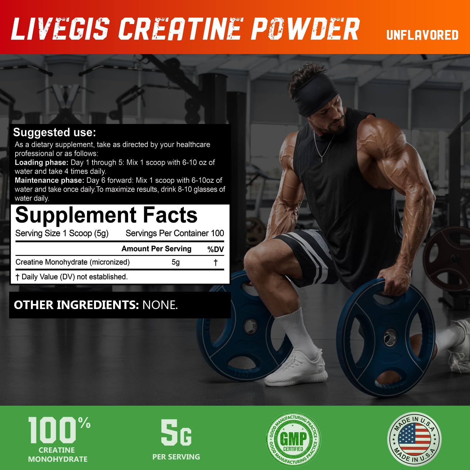 LIVEGIS Creatine Monohydrate 5g Powder side view