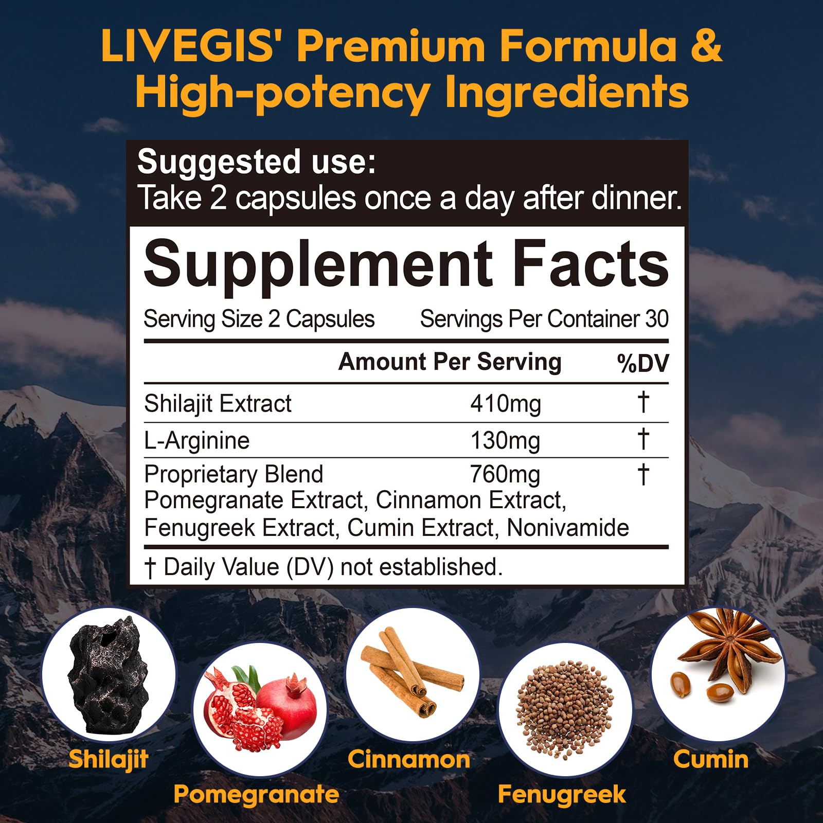 LIVEGIS Himalayan Shilajit capsules side view showing bottle label