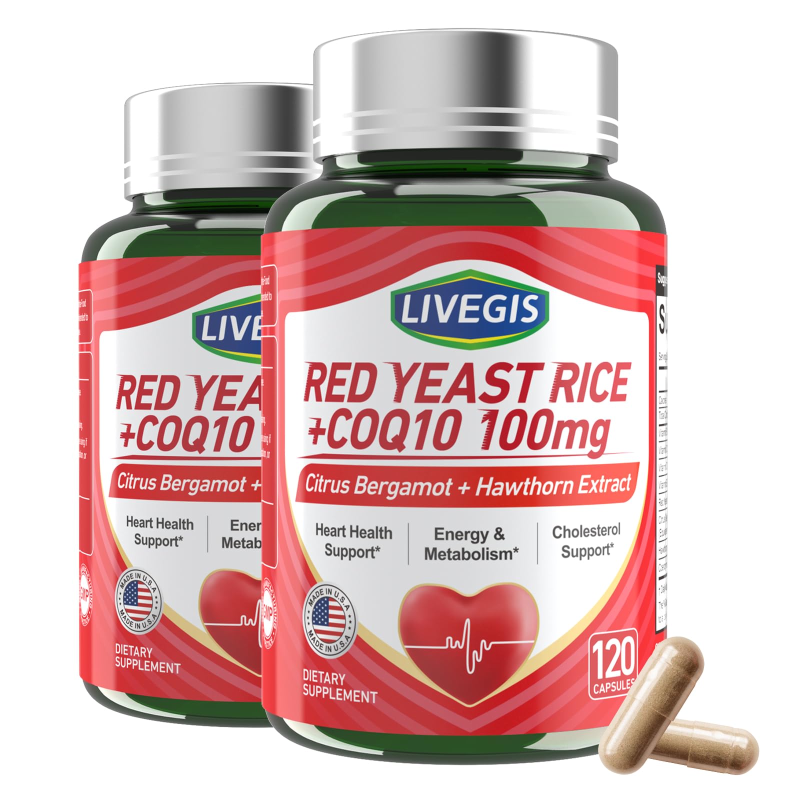 LIVEGIS Red Yeast Rice Supplement bottle front view with 100 capsules