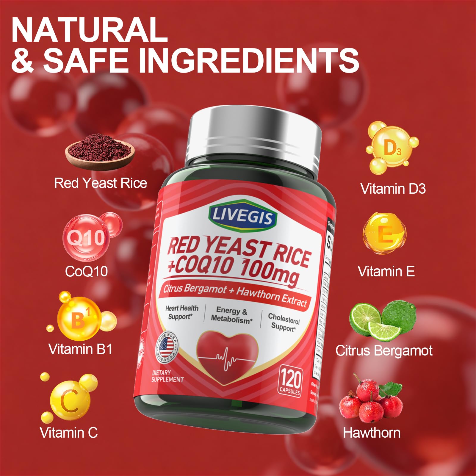 LIVEGIS Red Yeast Rice Supplement capsules on a wooden table