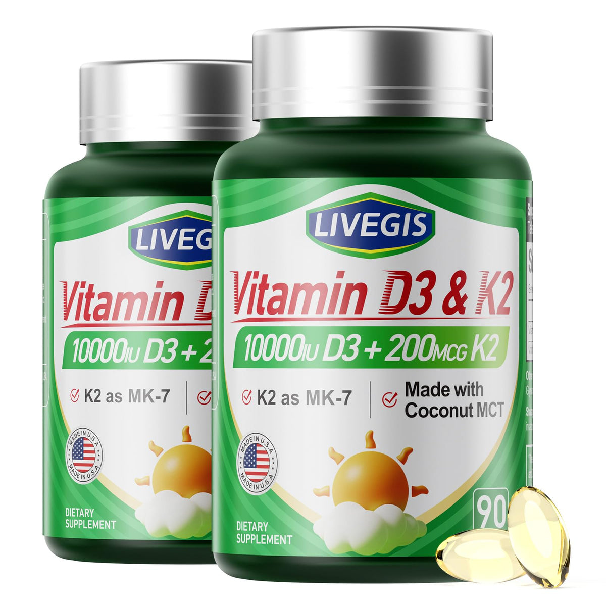 LIVEGIS Vitamin D3 + K2 Softgels front view with packaging