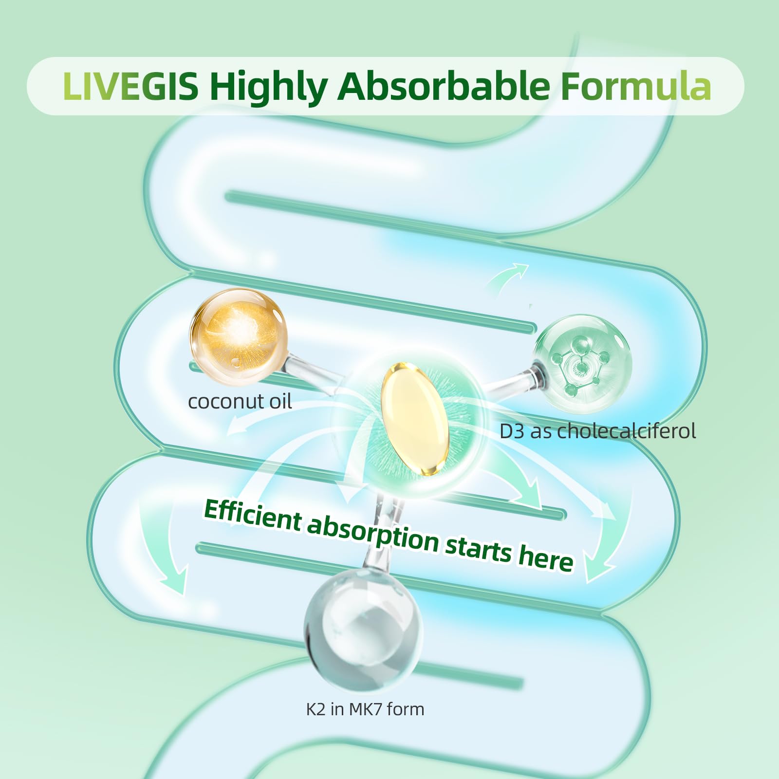 LIVEGIS Vitamin D3 + K2 softgels in a hand for size comparison