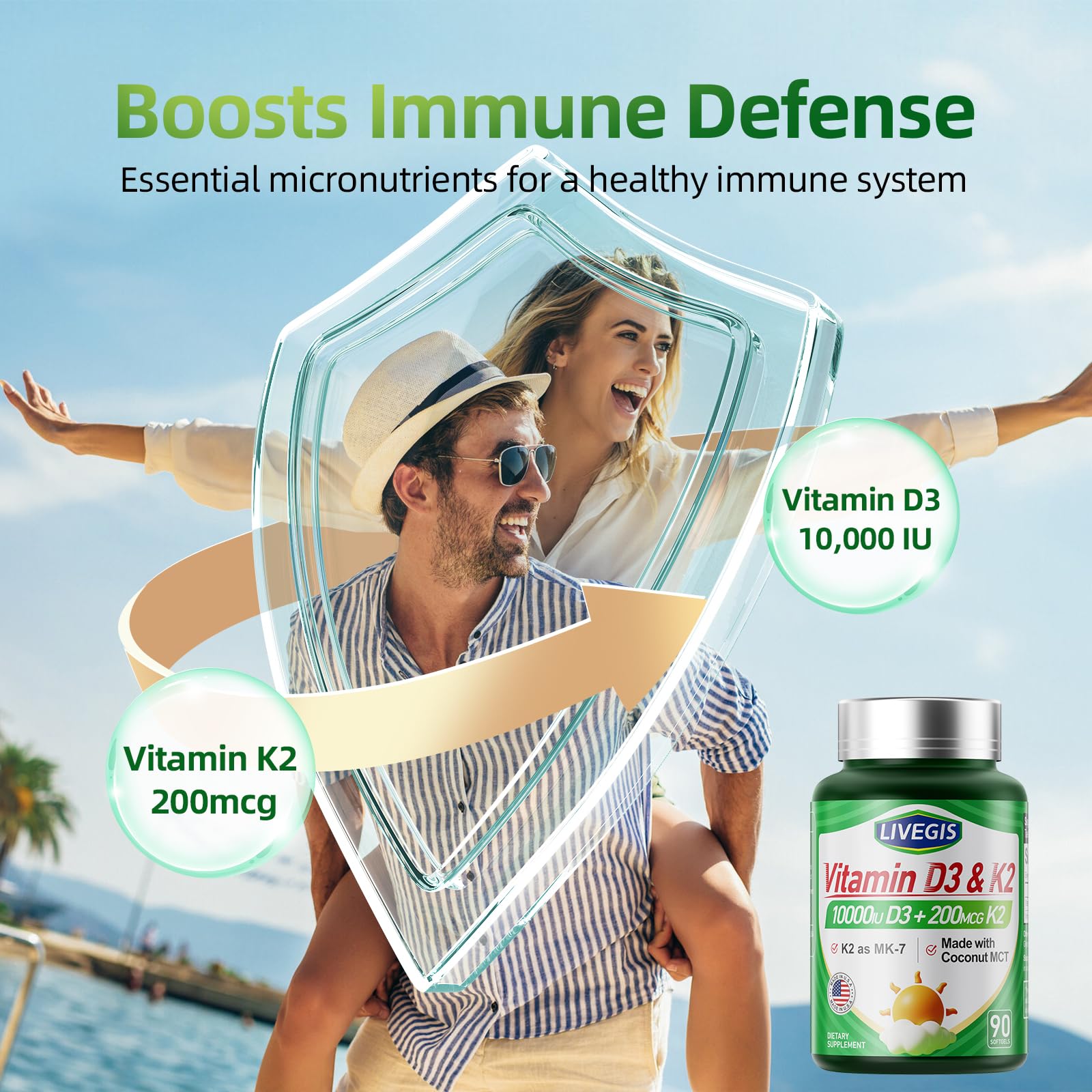 LIVEGIS Vitamin D3 + K2 Softgels showing dosage information