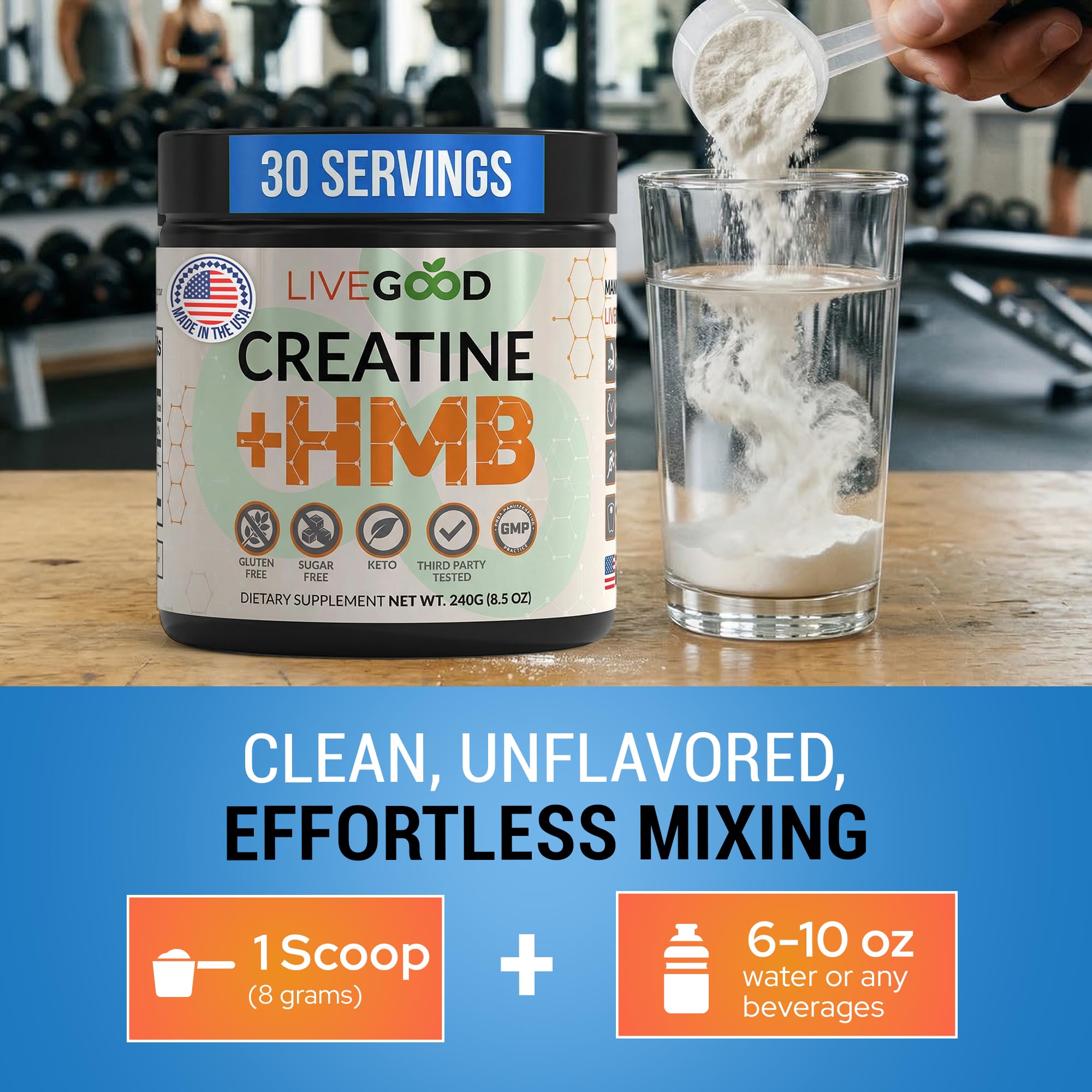 LIVEGOOD Creatine Monohydrate HMB Blend on a gym bench