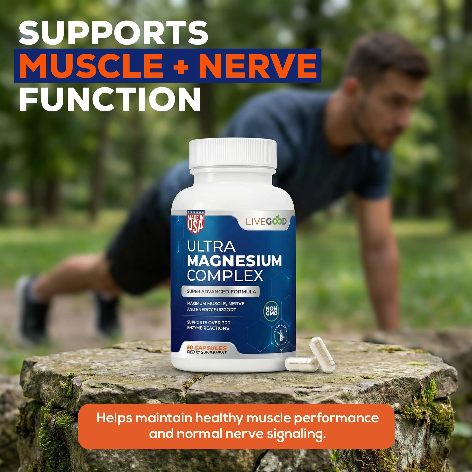 LIVEGOOD Magnesium Supplement 82g with green plants background