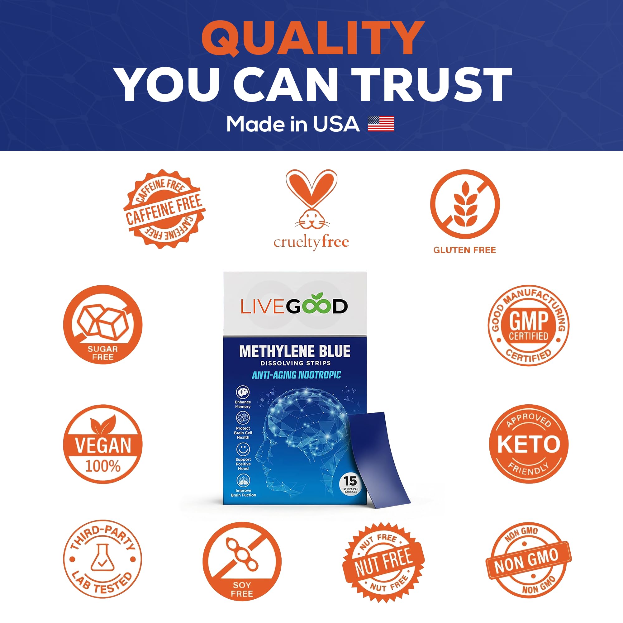 LIVEGOOD Methylene Blue Sublingual Strip on tongue