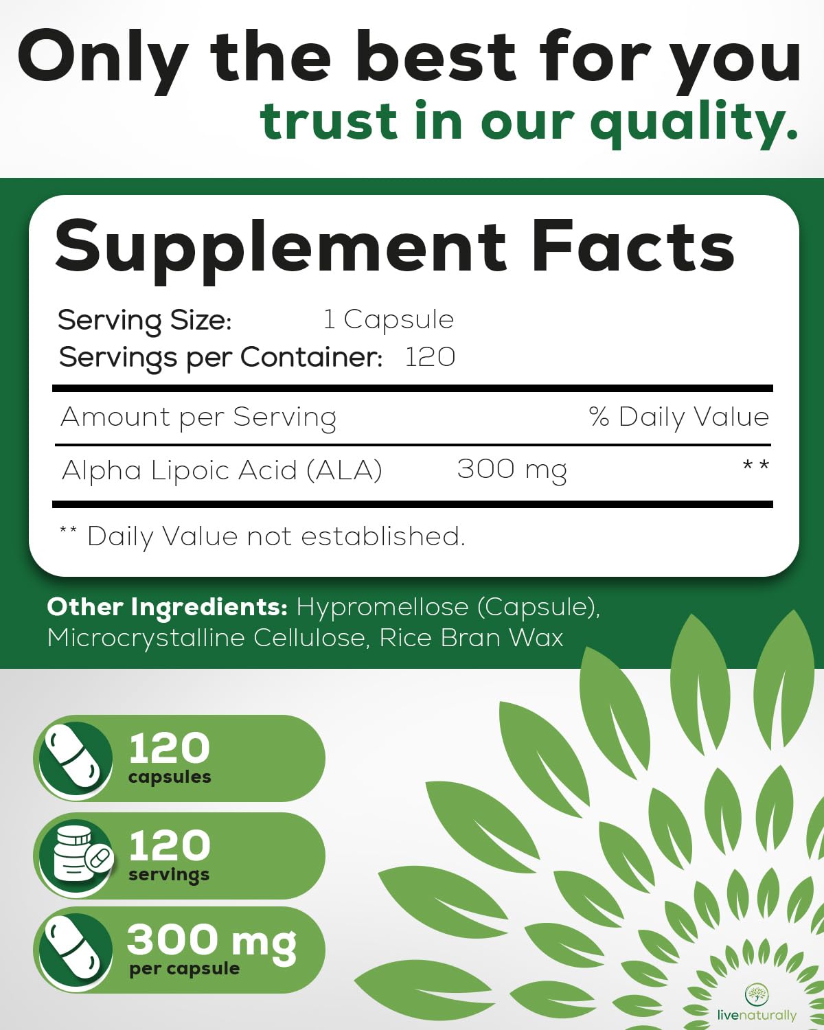 livenaturally Alpha Lipoic Acid 300mg bottle side view
