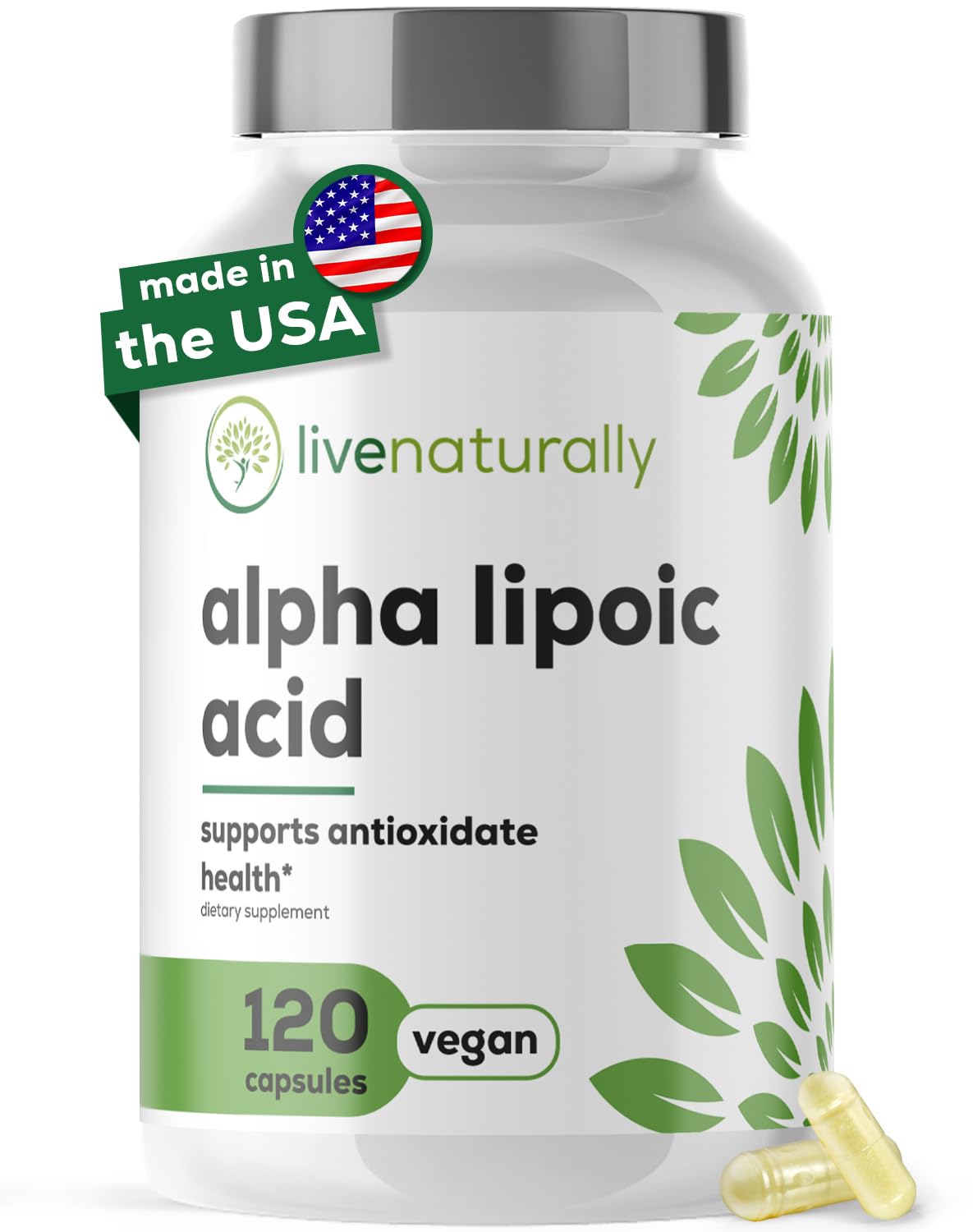 livenaturally Alpha Lipoic Acid 300mg capsules front view