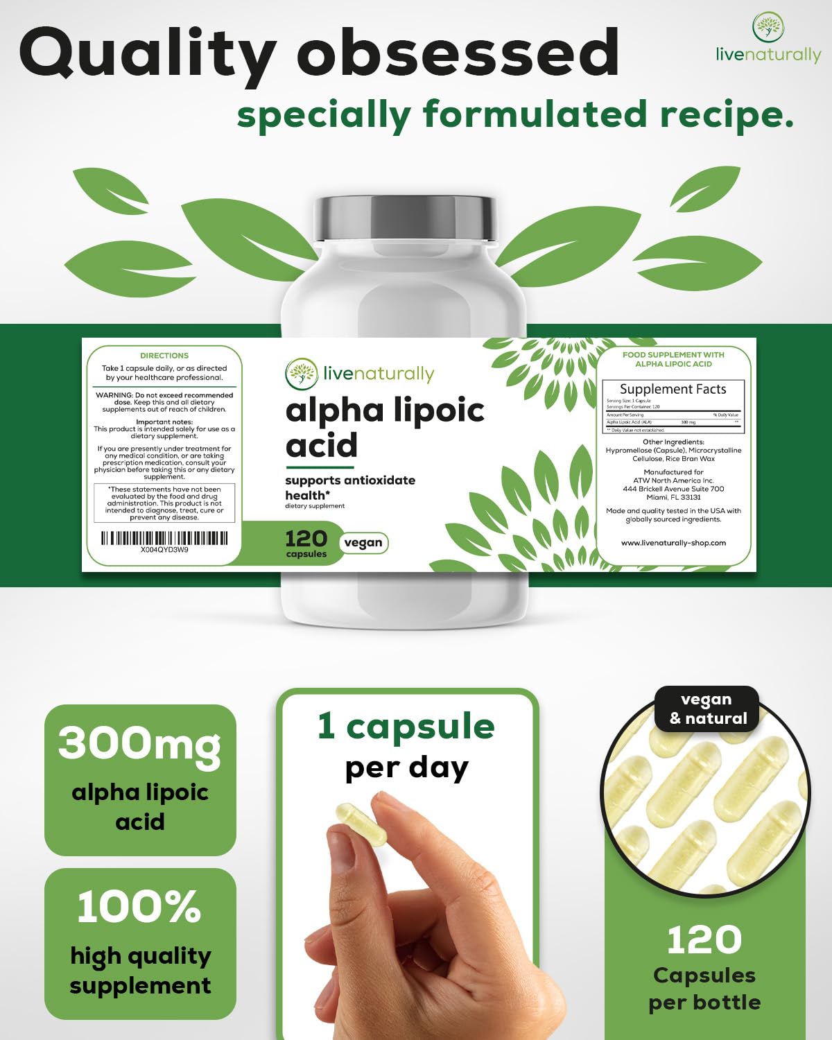 livenaturally Alpha Lipoic Acid 300mg capsules on a table