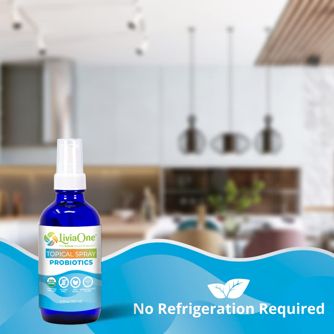 LiviaOne Probiotic Spray 227g on a bathroom countertop