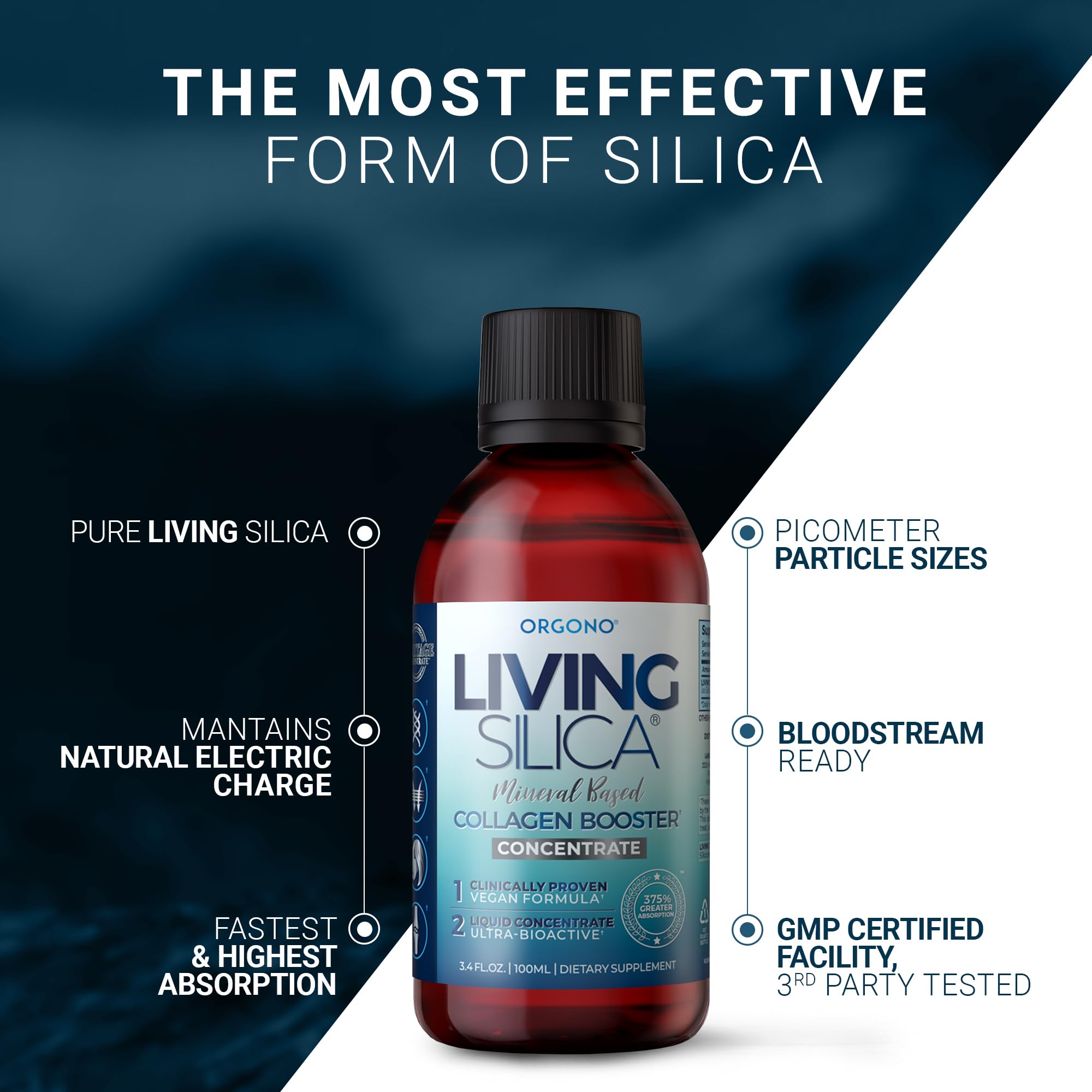 Living Silica Collagen Supplement 100 mL dropper bottle with dropper