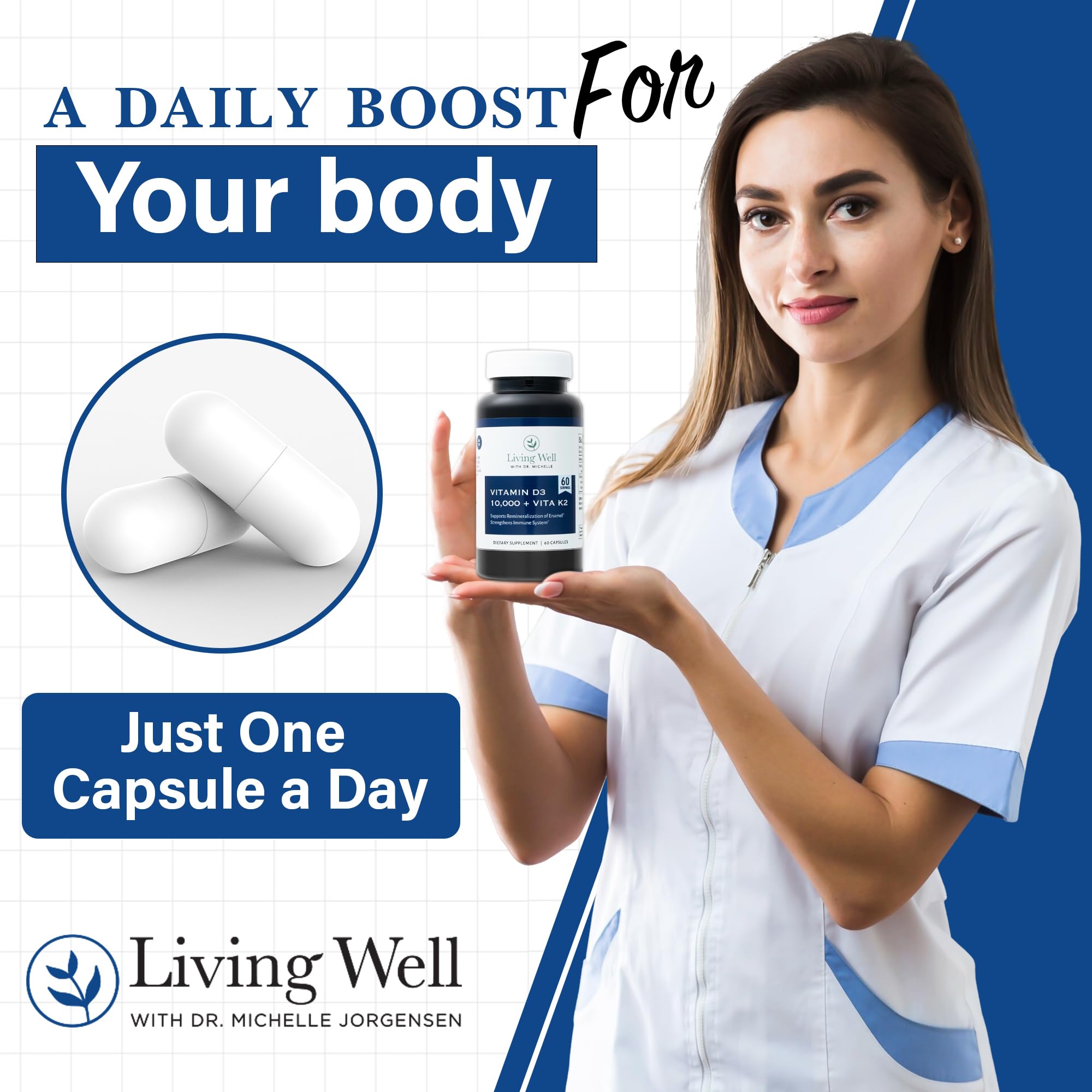 Living Well with Dr. Michelle Vita D 10,000 + K capsules back view
