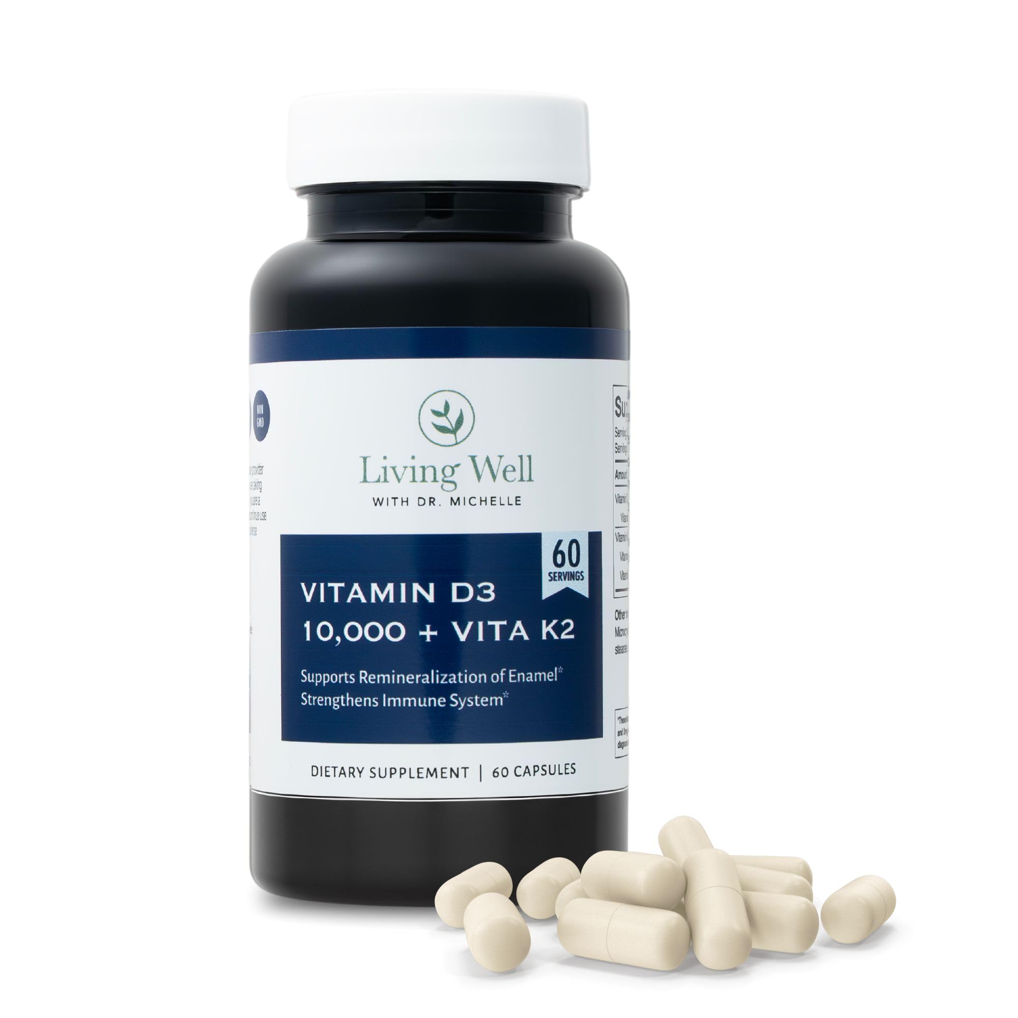 Living Well with Dr. Michelle Vita D 10,000 + K capsules front view
