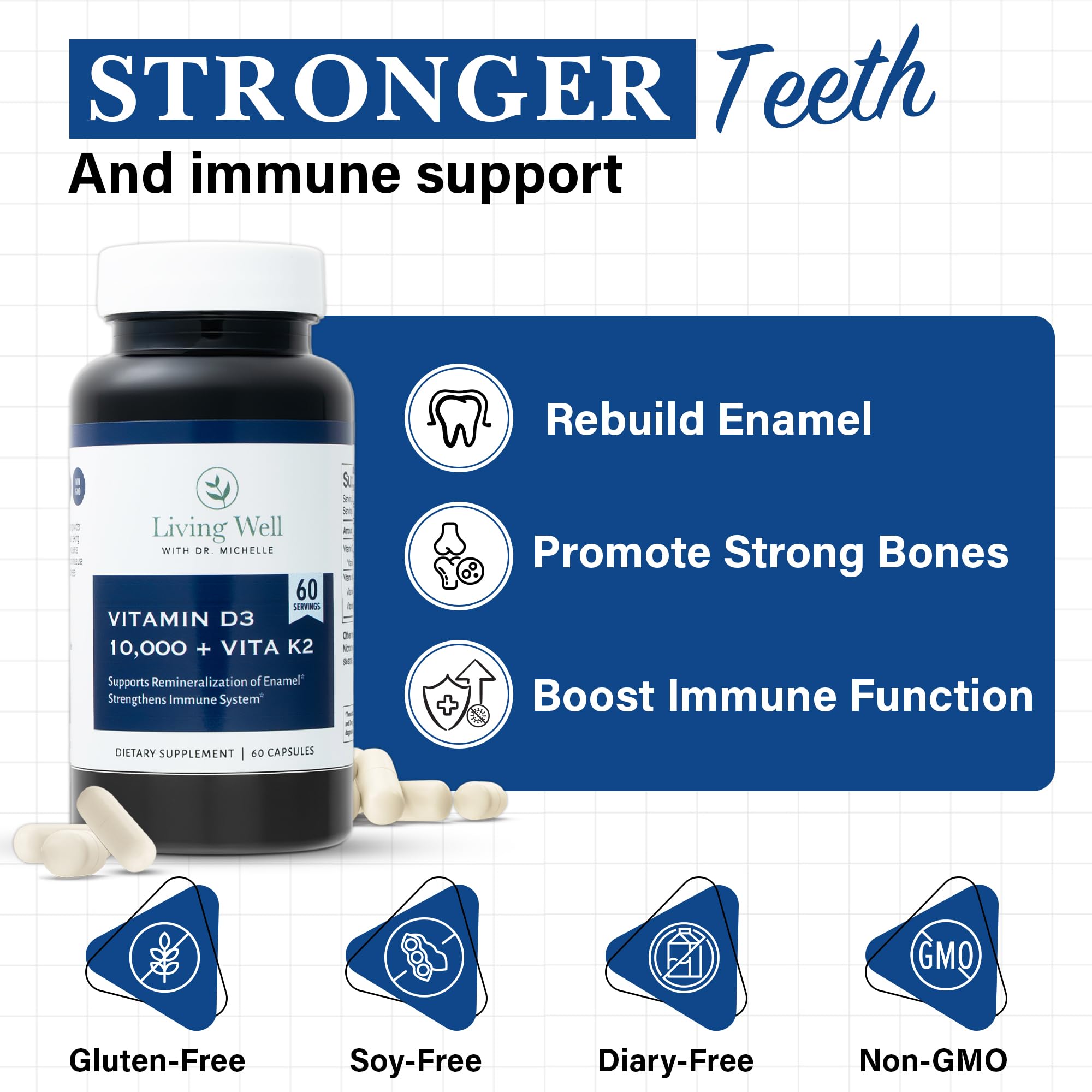 Living Well with Dr. Michelle Vita D 10,000 + K capsules side view