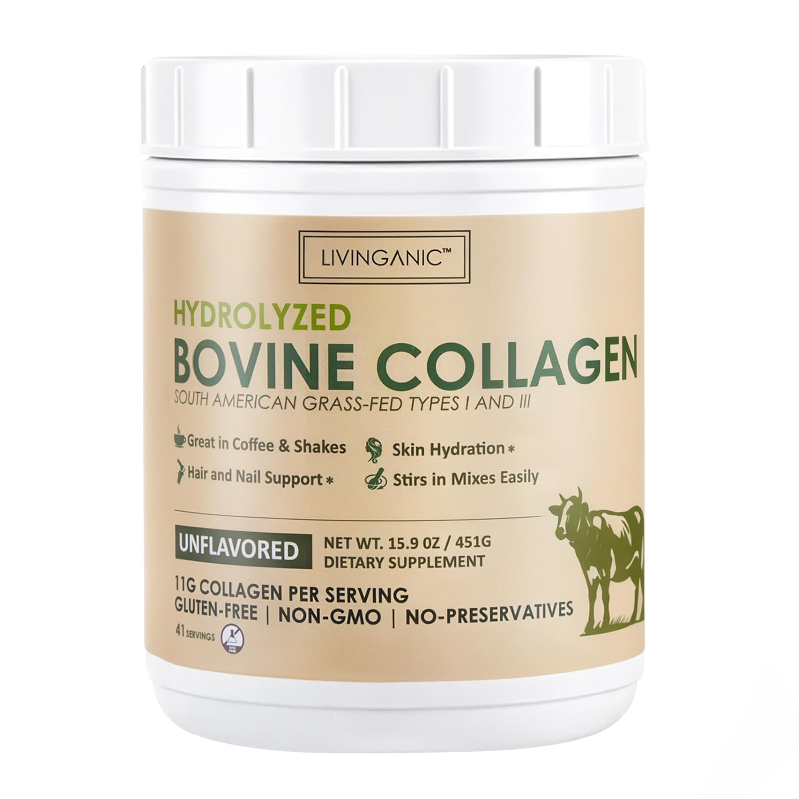 LIVINGANIC Hydrolyzed Bovine Collagen Powder 451g front view