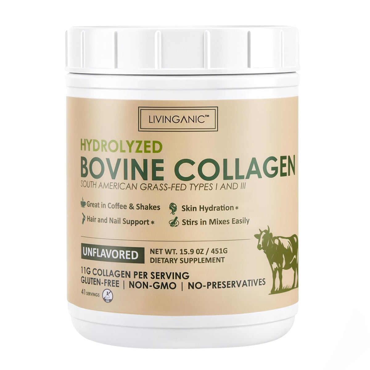 LIVINGANIC Hydrolyzed Bovine Collagen Powder 451g front view
