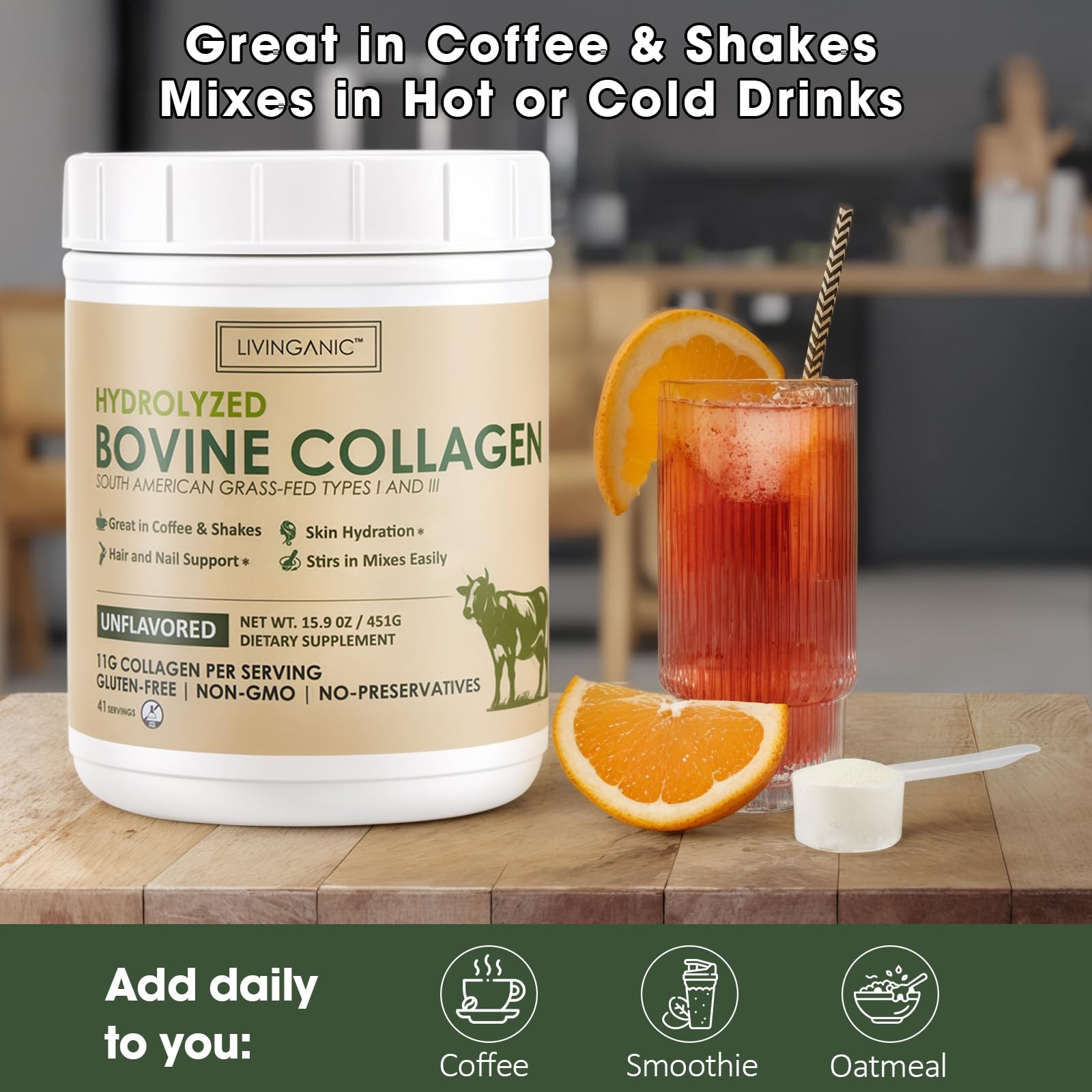 LIVINGANIC Hydrolyzed Bovine Collagen Powder lifestyle scene