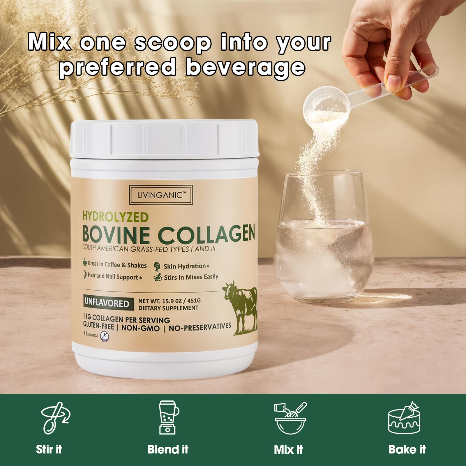 LIVINGANIC Hydrolyzed Bovine Collagen Powder mixed in a glass of water