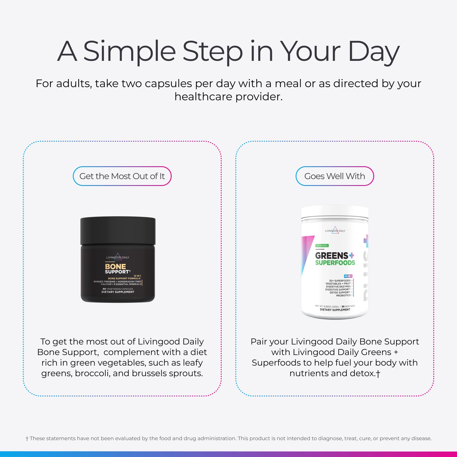 Livingood Daily Bone Support+ capsules on a wooden table