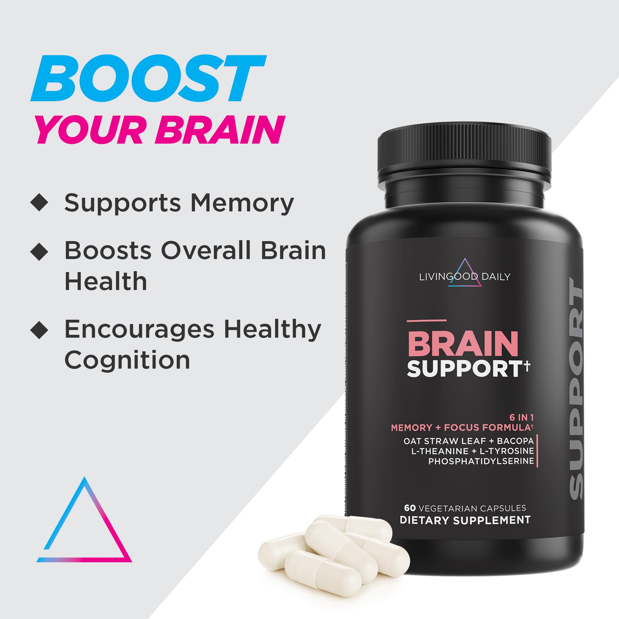 Livingood Daily Brain Support Supplement side view with label