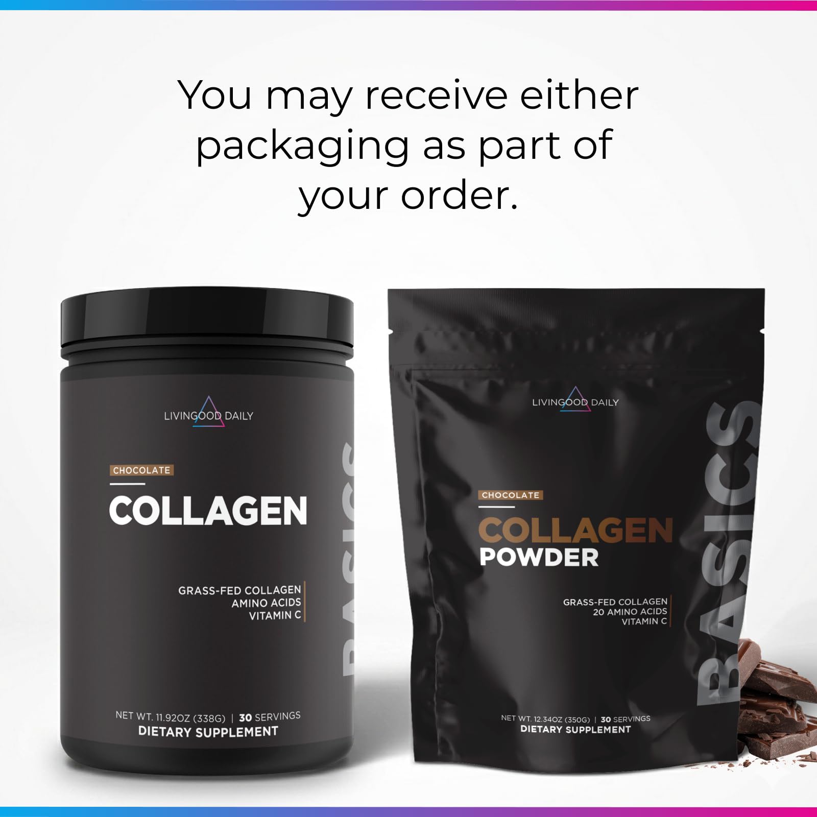 Livingood Daily Chocolate Collagen Powder on kitchen counter