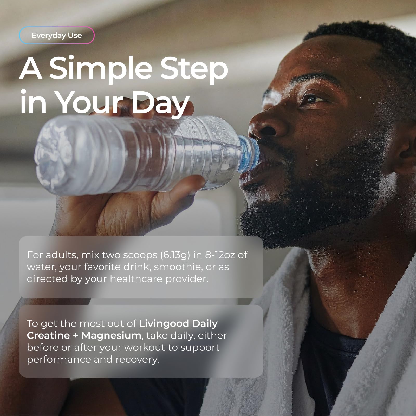 Livingood Daily Creatine Monohydrate mixed in a glass of water