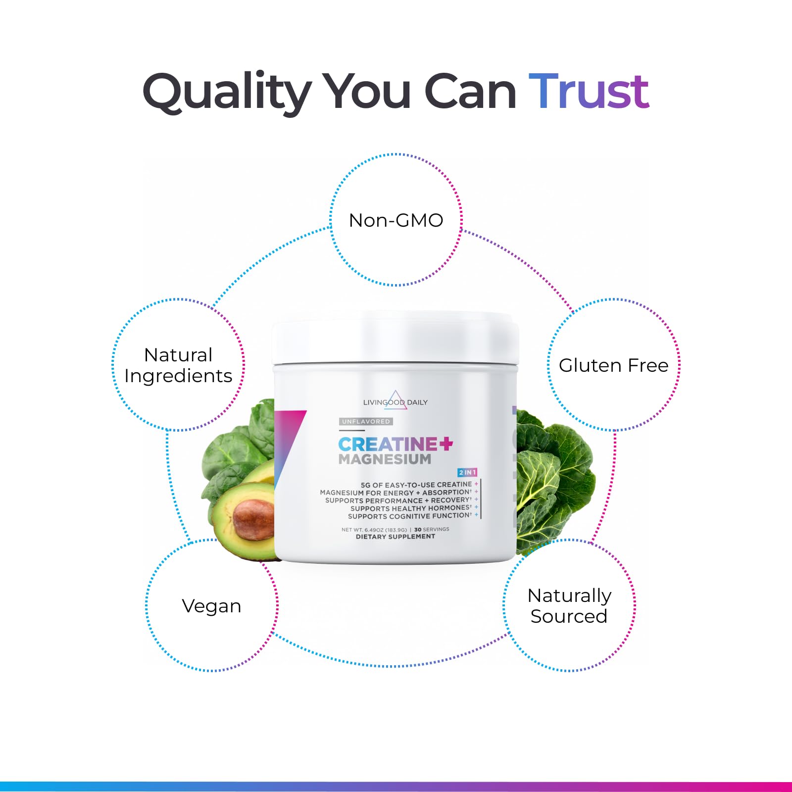 Livingood Daily Creatine Monohydrate powder with magnesium ingredients